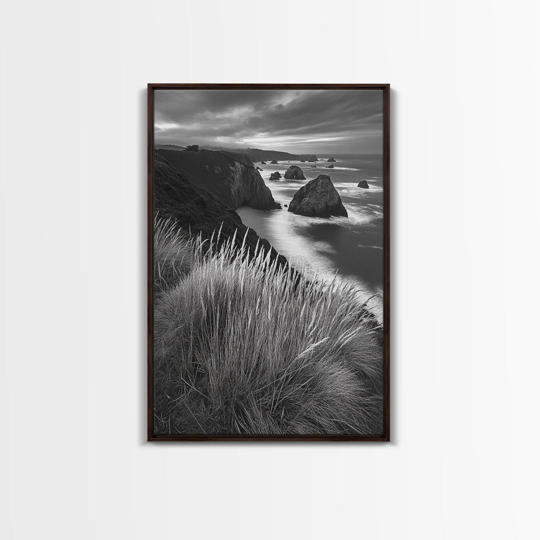 Coastal Cliffs, Ocean Rocks, Tall Grass, Canvas Print, Windswept Landscape Art, Beach House Wall Decor, Monochrome Nature Scene