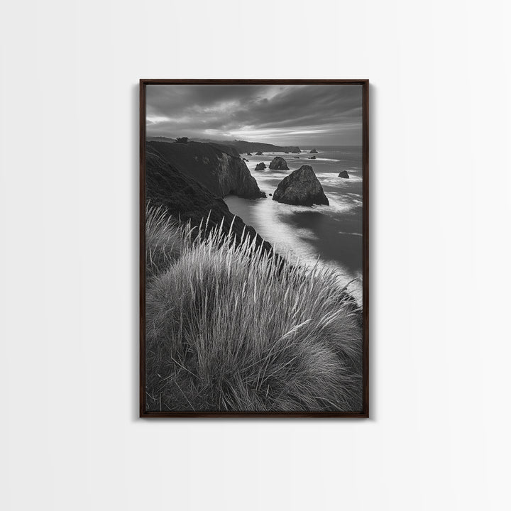 Coastal Cliffs, Ocean Rocks, Tall Grass, Canvas Print, Windswept Landscape Art, Beach House Wall Decor, Monochrome Nature Scene