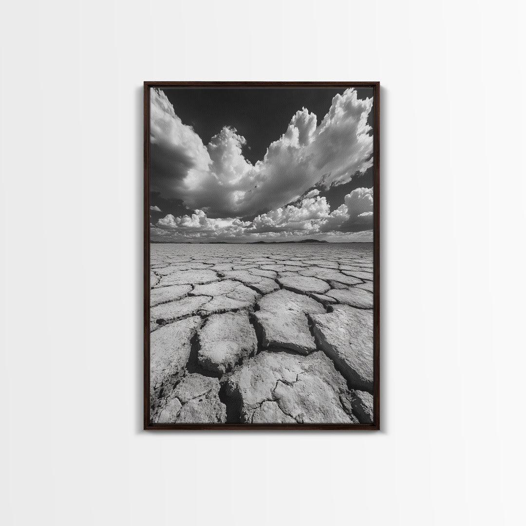 Cracked Earth, Storm Sky, Desert View, Framed Canvas Print, Dramatic Landscape Art, Modern Living Room Decor, Moody Minimalist Wall Art