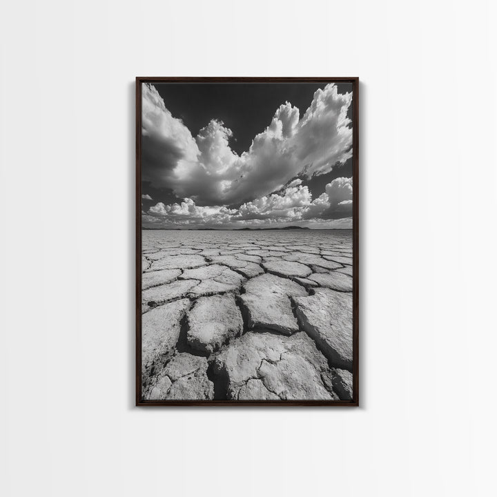Cracked Earth, Storm Sky, Desert View, Framed Canvas Print, Dramatic Landscape Art, Modern Living Room Decor, Moody Minimalist Wall Art