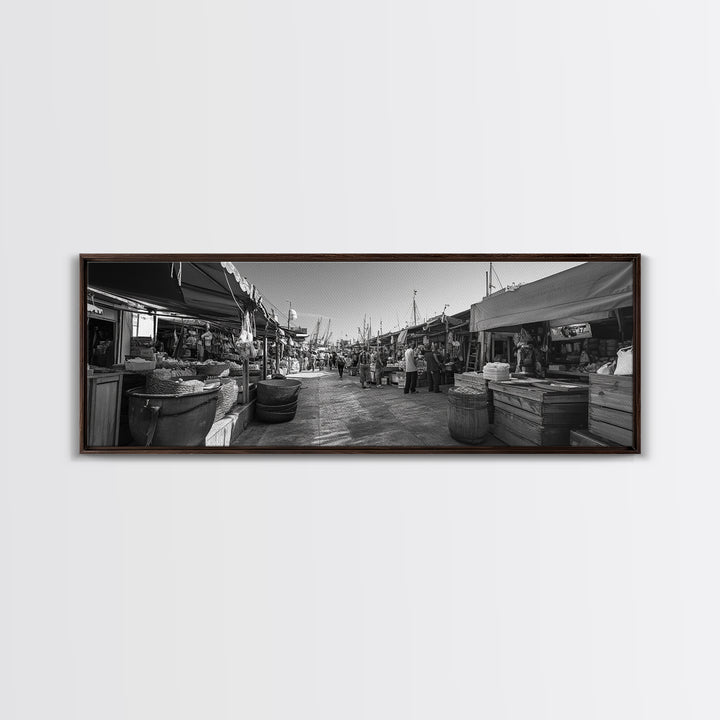 Mediterranean Market Scene, Travel Wall Decor, Rustic Street View, Framed Canvas Print, Kitchen Wall Art, Black and White Photography