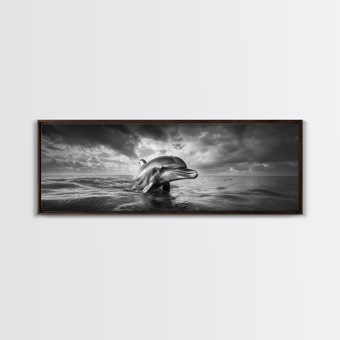 Dolphin Ocean Art, Playful Sea Animal Print, Modern Coastal Decor, Framed Canvas Print, Bathroom Wall Art, Nature Photography