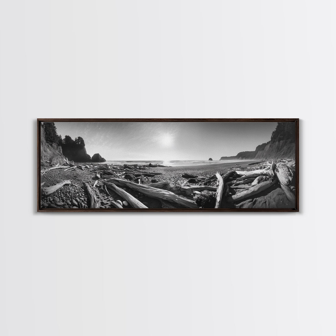 Coastal Driftwood Scene, Rugged Ocean Beach, Moody Nature Landscape, Framed Canvas Print, Rustic Wall Decor, Fall Coastal Photography