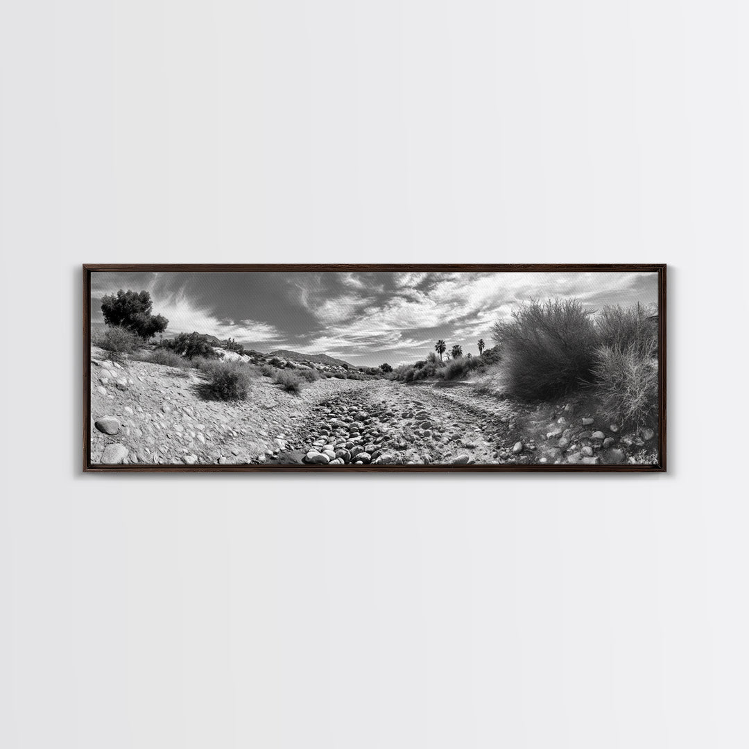 Desert Streambed Path, Dry River Landscape, Southwest Nature Print, Framed Canvas Print, Earthy Living Room Art, Modern Western Decor
