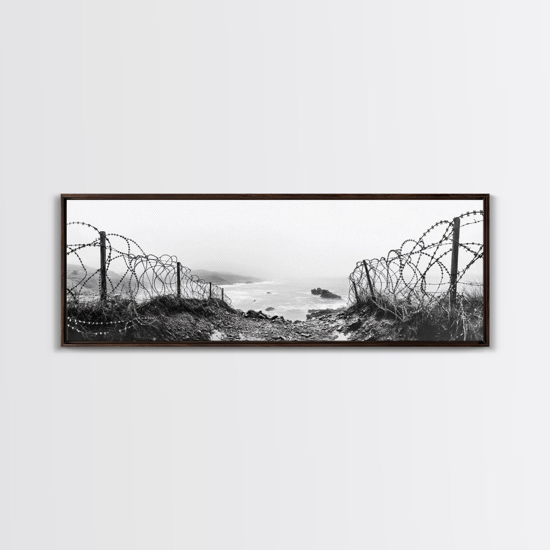 Barbed Coast, Foggy Beach, War Fence, Ocean Boundary, Framed Canvas Print, Industrial Wall Art, Living Room Decor, Black and White Art