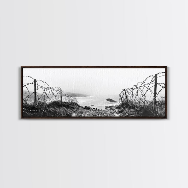 Barbed Coast, Foggy Beach, War Fence, Ocean Boundary, Framed Canvas Print, Industrial Wall Art, Living Room Decor, Black and White Art