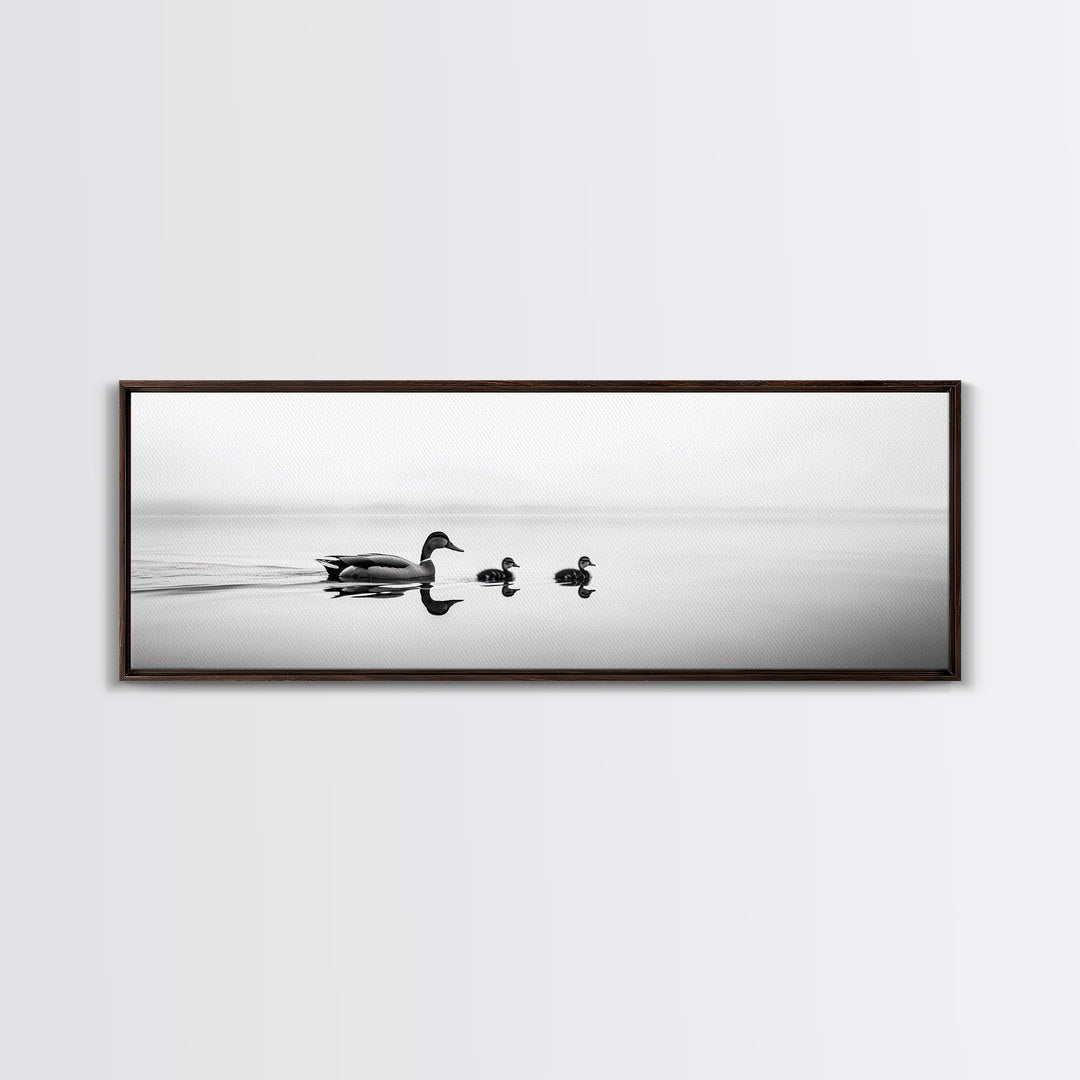 Duck Family, Serene Water, Peaceful Reflections, Canvas Print, Minimalist Animal Art, Nursery Wall Art, Calm Lake Photography