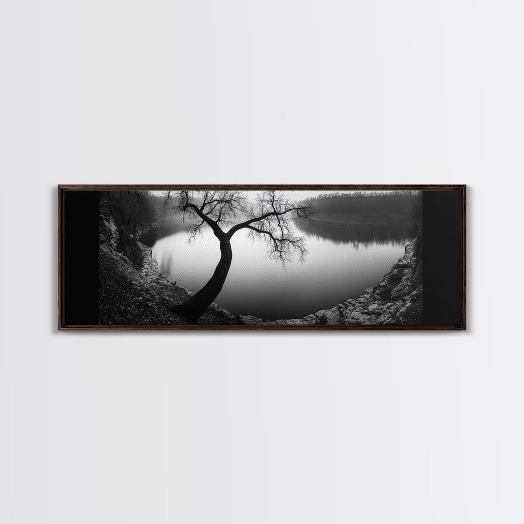 Curved Tree, Still Lake, Moody Landscape, Framed Canvas Print, Modern Nature Photography, Fall Home Decor, Living Room Art