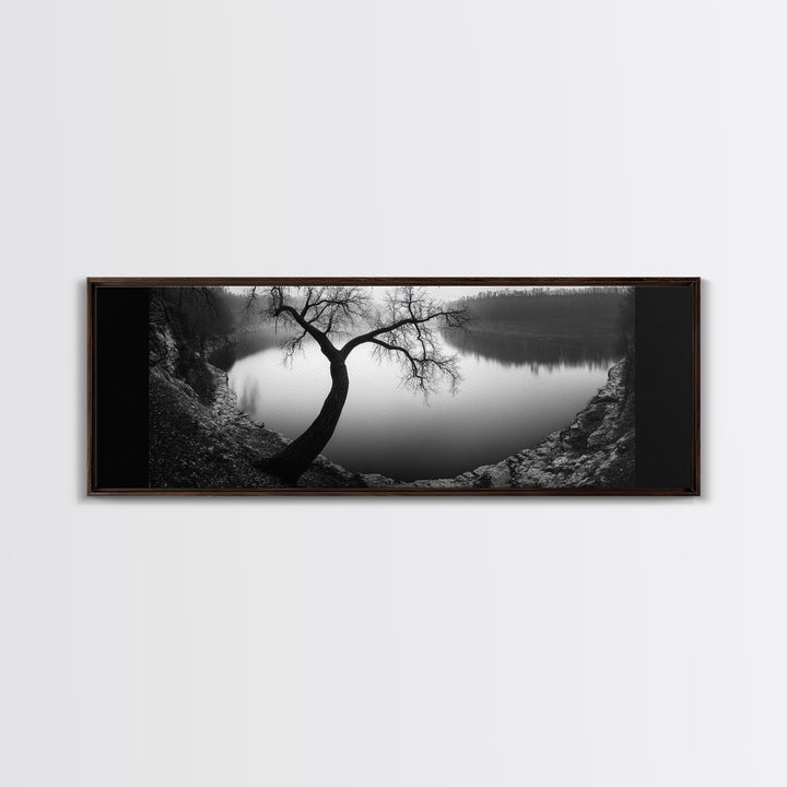 Curved Tree, Still Lake, Moody Landscape, Framed Canvas Print, Modern Nature Photography, Fall Home Decor, Living Room Art