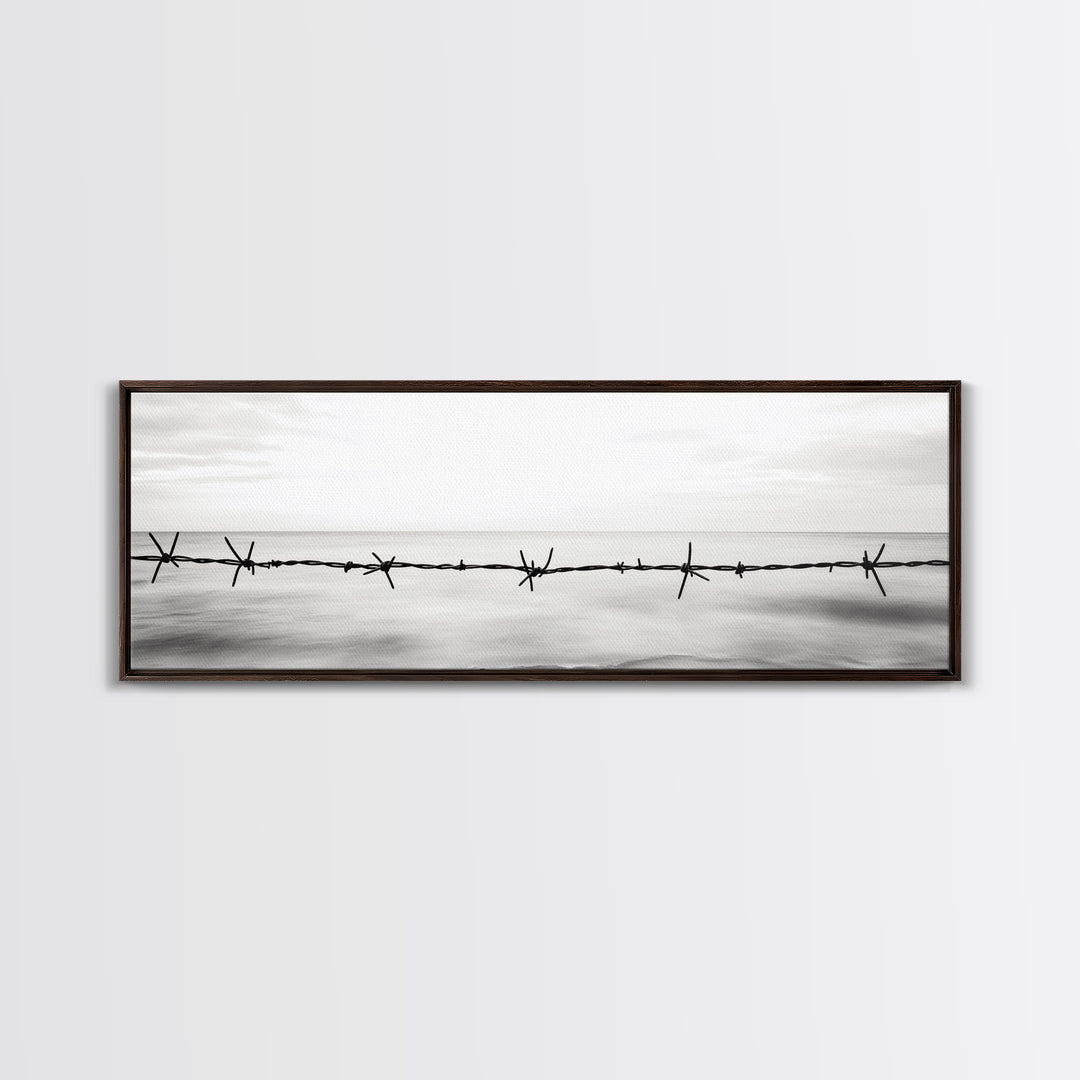 Barbed Wire, Ocean Horizon, Minimal Seascape, Stark Contrast, Framed Canvas Print, Modern Office Art, Minimalist Style, Black and White Art