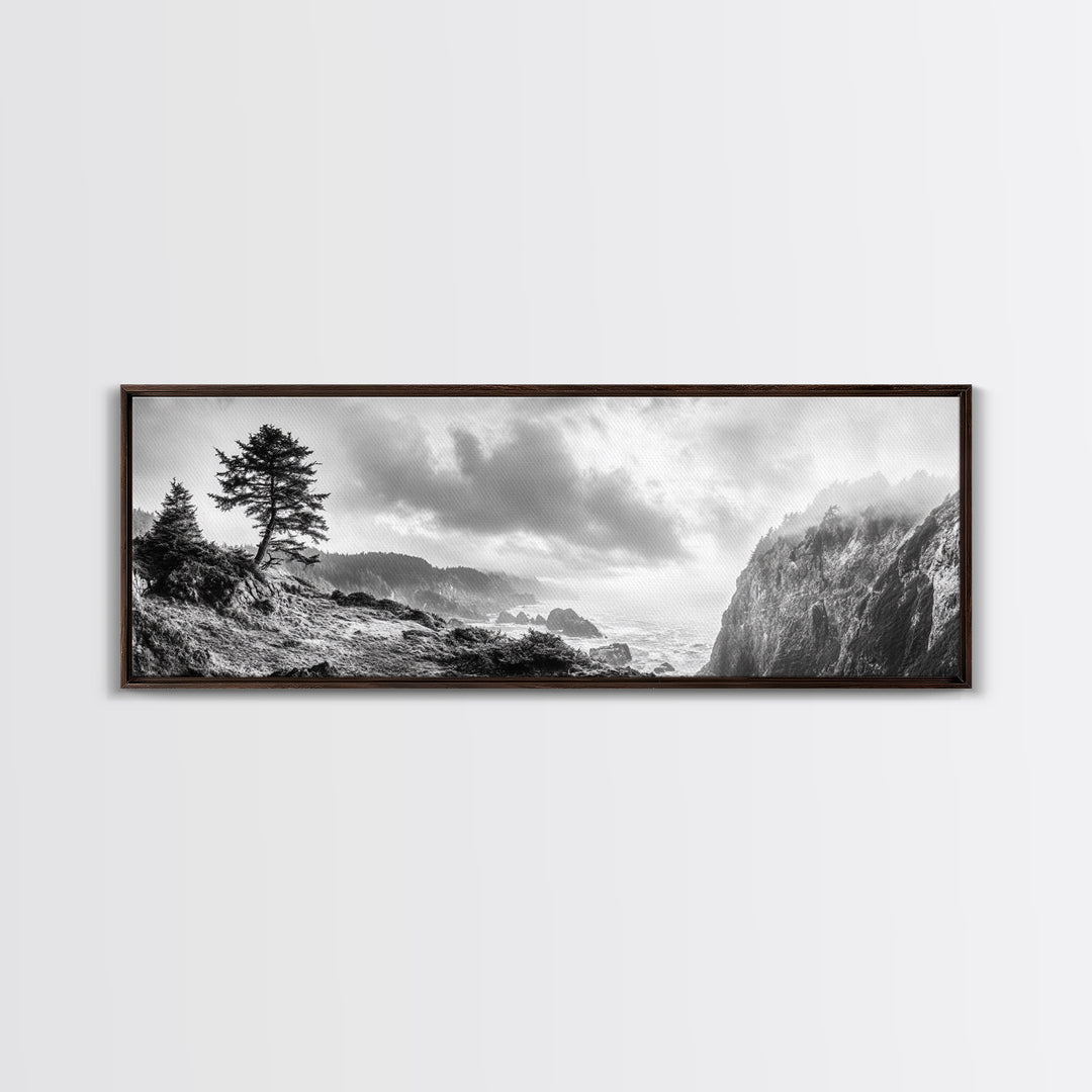 Ocean Cliff, Pine Trees, Foggy Coast, Canvas Print, Dramatic Nature Wall Art, Rustic Cabin Decor, Black and White Landscape