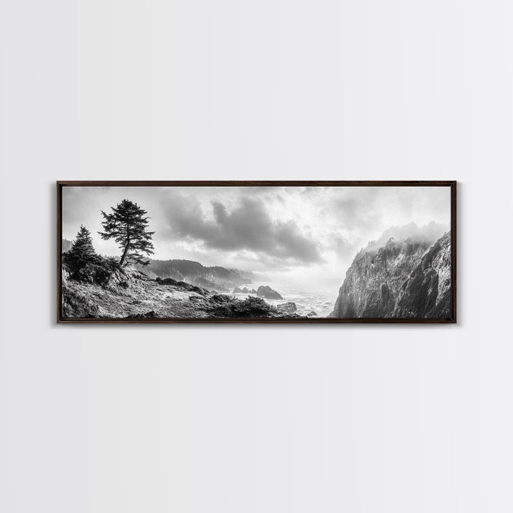 Ocean Cliff, Pine Trees, Foggy Coast, Canvas Print, Dramatic Nature Wall Art, Rustic Cabin Decor, Black and White Landscape