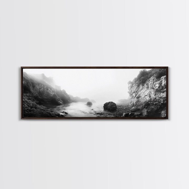 Rocky Cove, Coastal Mist, Foggy Morning, Cliffside Ocean, Canvas Print, Monochrome Wall Art, Bathroom Art, Minimalist Photography