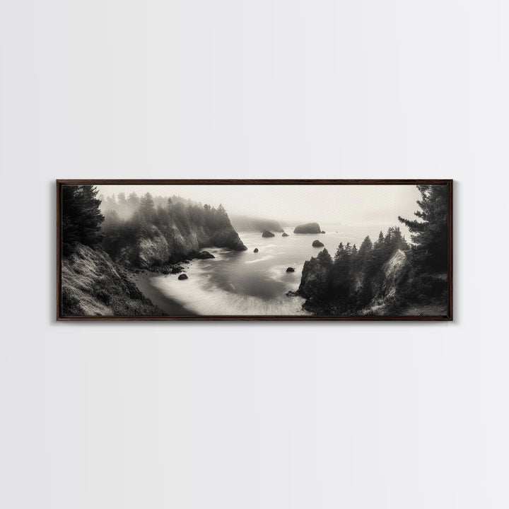 Ocean Rocks, Foggy Horizon, Coastal Cliffs, Dreamy Seascape, Canvas Print, Moody Nature Art, Living Room Wall Art, Coastal Minimalism
