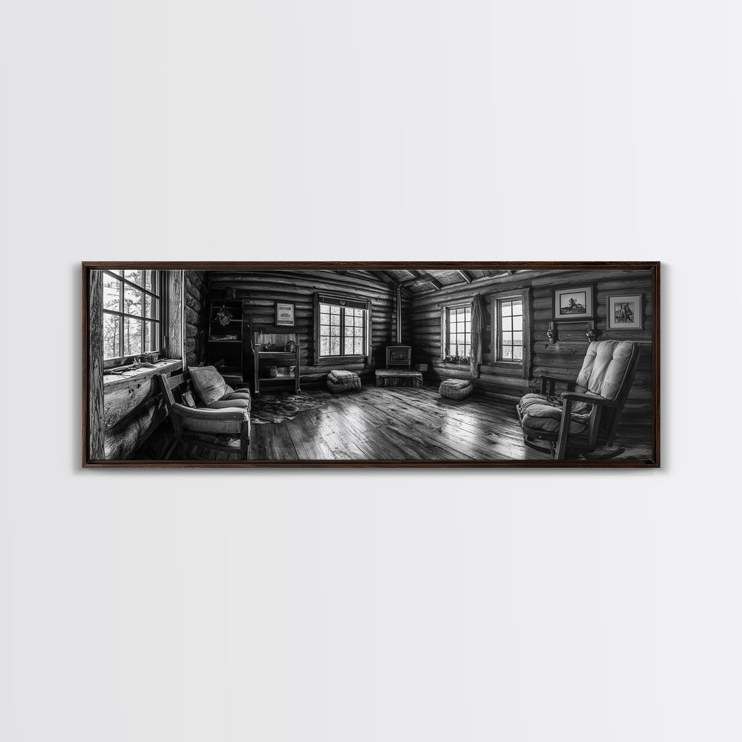 Rustic Cabin, Cozy Interior, Nature Retreat, Framed Canvas Print, Living Room Wall Art, Black and White Photography, Lodge Decor