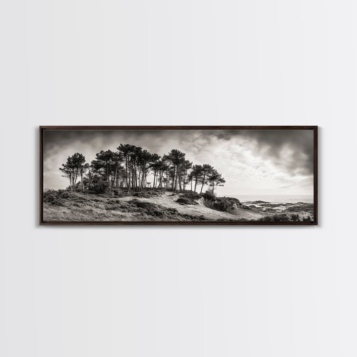 Coastal Pines, Ocean View, Windswept Trees, Framed Canvas Print, Minimalist Landscape Art, Neutral Tones, Entryway Wall Decor