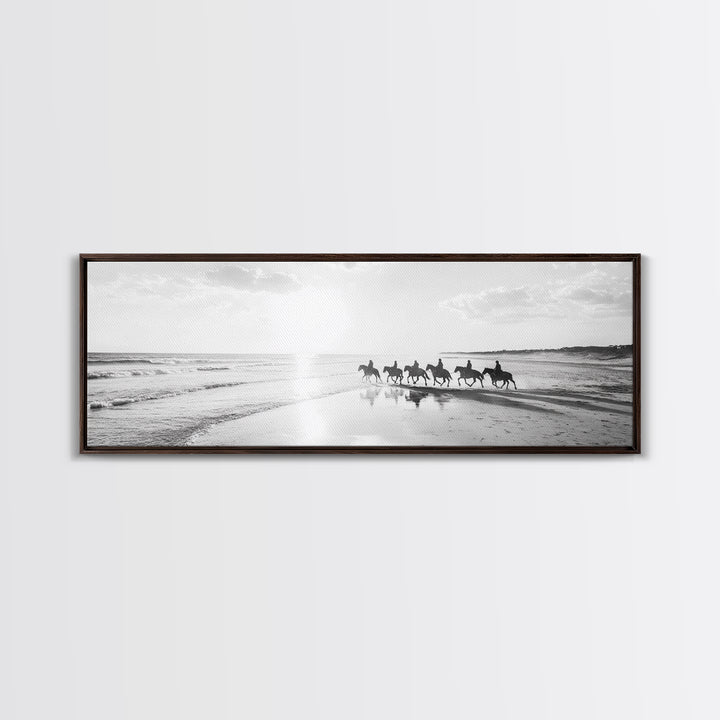 Beach Riders, Horseback Freedom, Seaside Journey, Canvas Print, Monochrome Wall Art, Coastal Living Room Decor, Nature Photography