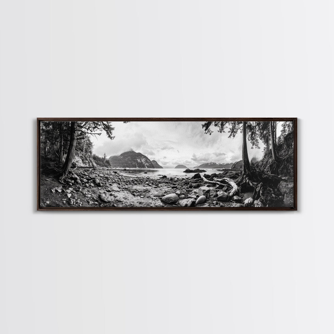 Rocky Shore, Ocean Vista, Misty Wilderness, Framed Canvas Print, Nature Wall Art, Monochrome Landscape, Cabin or Office Decor