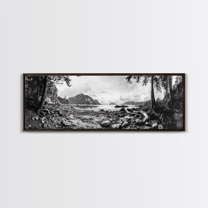 Rocky Shore, Ocean Vista, Misty Wilderness, Framed Canvas Print, Nature Wall Art, Monochrome Landscape, Cabin or Office Decor