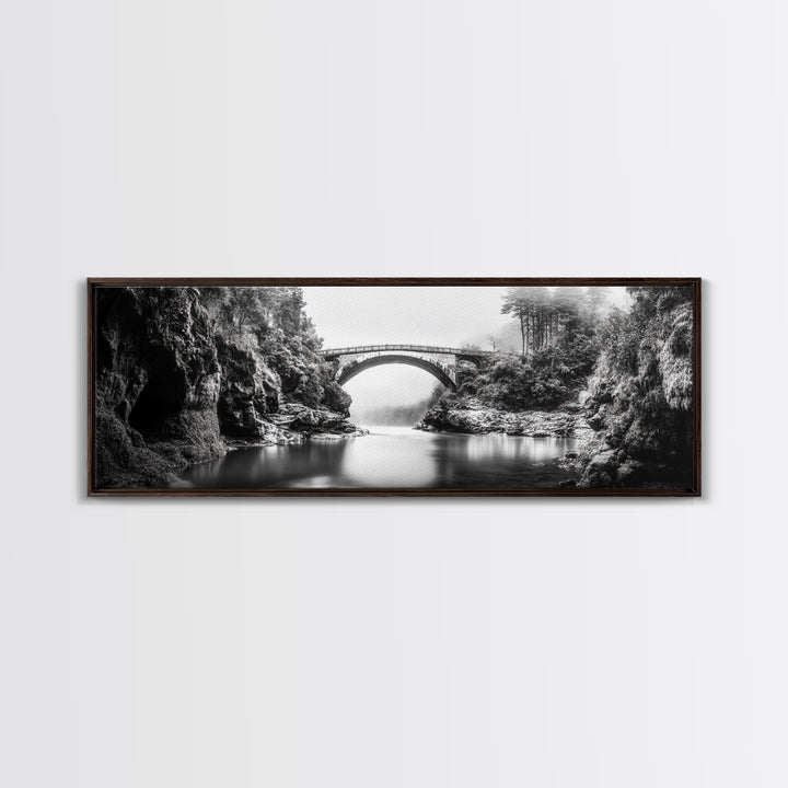 Stone Bridge, Forest River, Morning Mist, Canvas Print, Black and White Landscape, Nature Wall Art, Rustic Bathroom Art, Den Decor