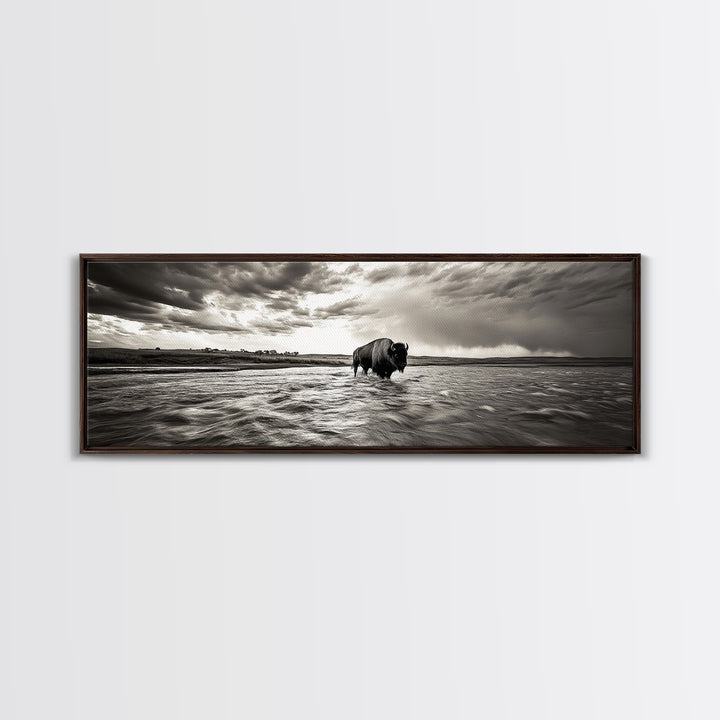Bison River, Prairie Storm, American West, Framed Canvas Print, Rustic Nature Art, Fall Living Room Decor, Wildlife Photography
