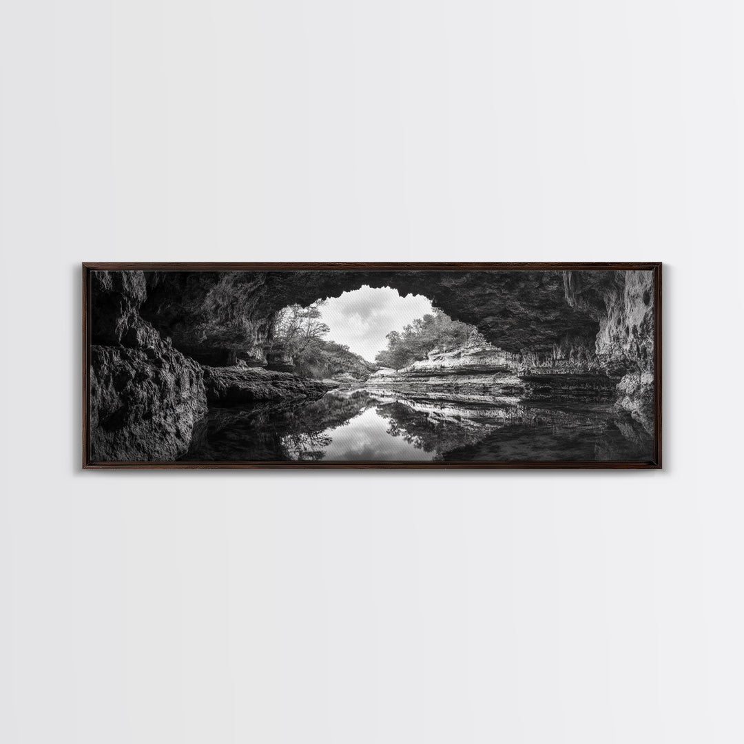 Cave Opening, Reflected Water, Nature Frame, Canvas Print, Monochrome Landscape, Natural Wall Art, Earthy Bathroom Art, Den Decor