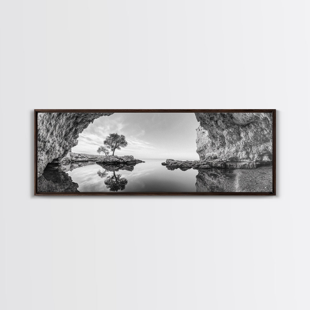 Coastal Cave, Reflection Landscape, Nature Calm, Framed Canvas Print, minimalist ocean wall decor, tranquil tree photography, zen entryway art