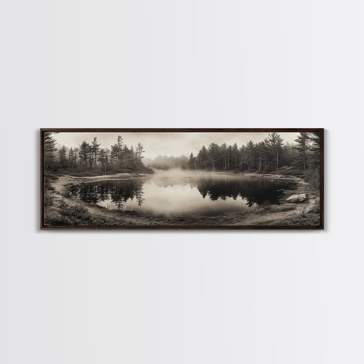 Misty Forest, Autumn Lake, Fog Reflections, Framed Canvas Print, cozy cabin decor, woodland living room art, rustic Fall photography