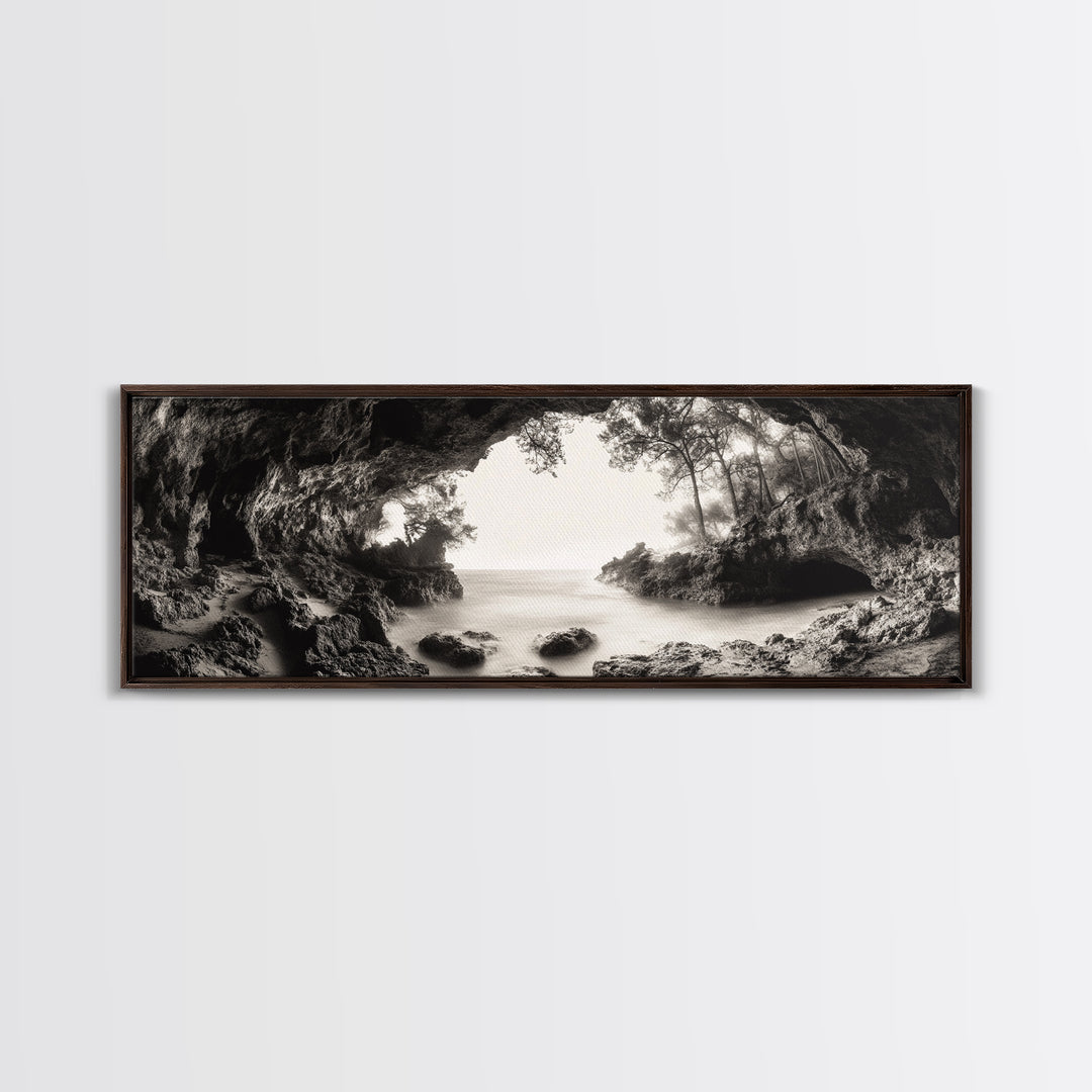 Ocean Cave, Coastal Trees, Natural Light, Canvas Print, tranquil coastal wall art, bedroom boho decor, dreamy nature scene artwork