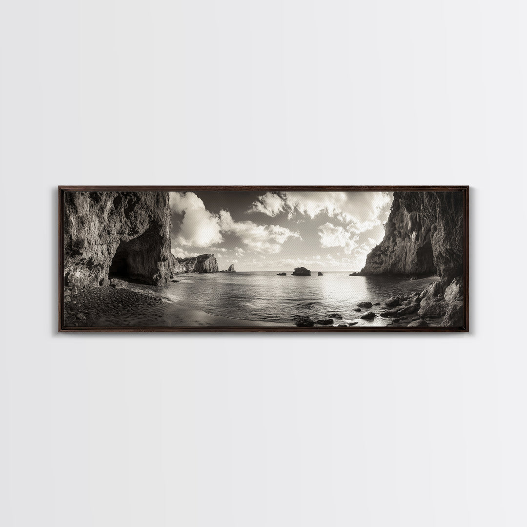Coastal Cliffs, Ocean Horizon, Dramatic Sky, Framed Canvas Print, neutral living room decor, seascape photography, rustic modern wall art