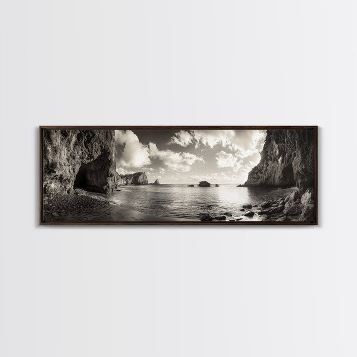 Coastal Cliffs, Ocean Horizon, Dramatic Sky, Framed Canvas Print, neutral living room decor, seascape photography, rustic modern wall art