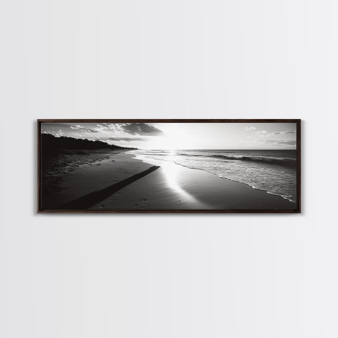 Beach Horizon, Sunset Shoreline, Ocean Reflections, Framed Canvas Print, black and white coastal art, modern bedroom wall decor