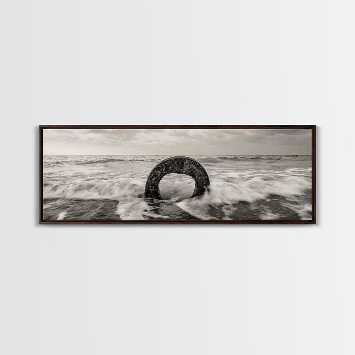 Ocean Ring, Waves Crashing, Sea Sculpture, Framed Canvas Print, unique beach photography, industrial coastal wall art, modern bathroom decor