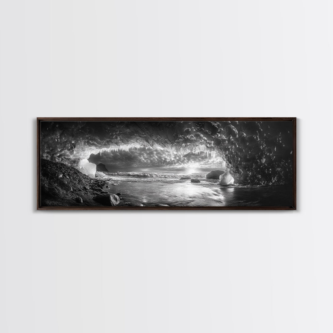 Ice Cave, Winter Seascape, Arctic Sunset, Canvas Print, dramatic frozen landscape art, black and white Christmas decor, cozy winter home art