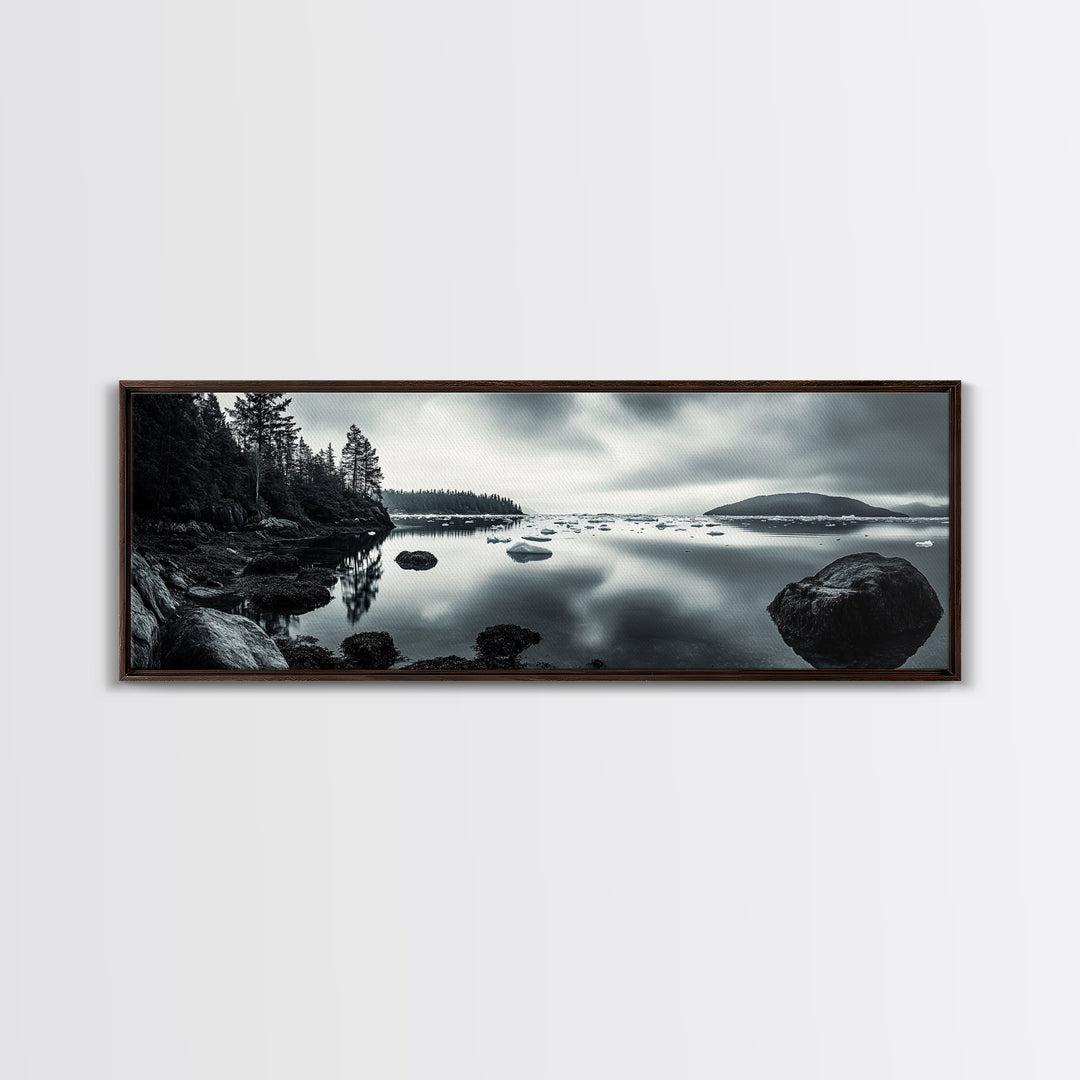 Arctic Shore, Ice Reflections, Northern Coastline, Framed Canvas Print, Moody ocean art, Coastal decor, Living room wall art, Monochrome nature