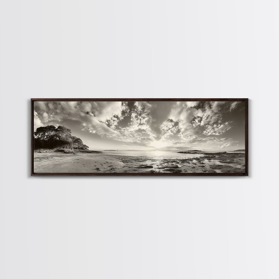 Coastal Sunrise, Expansive Sky, Cloudy Horizon, Framed Canvas Print, Earthy tone art, Beach house decor, Bedroom wall print, Serene landscape