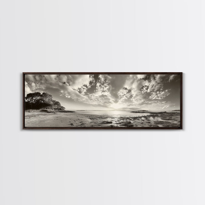 Coastal Sunrise, Expansive Sky, Cloudy Horizon, Framed Canvas Print, Earthy tone art, Beach house decor, Bedroom wall print, Serene landscape