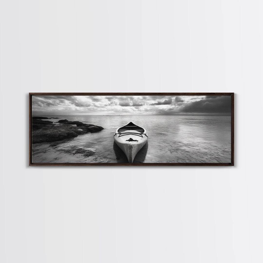 Canoe at Shore, Calm Waters, Peaceful Escape, Framed Canvas Print, Adventure art, Lakehouse decor, Hallway wall piece, Monochrome nature