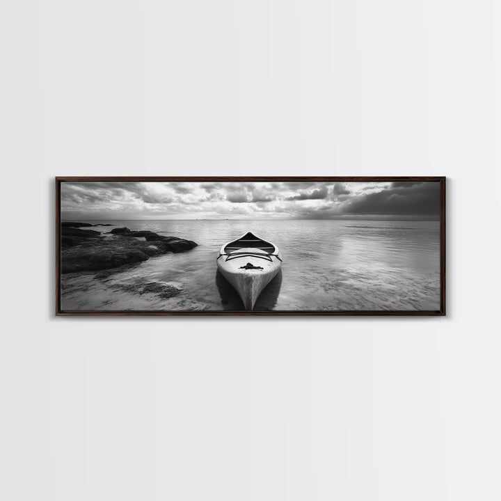 Canoe at Shore, Calm Waters, Peaceful Escape, Framed Canvas Print, Adventure art, Lakehouse decor, Hallway wall piece, Monochrome nature
