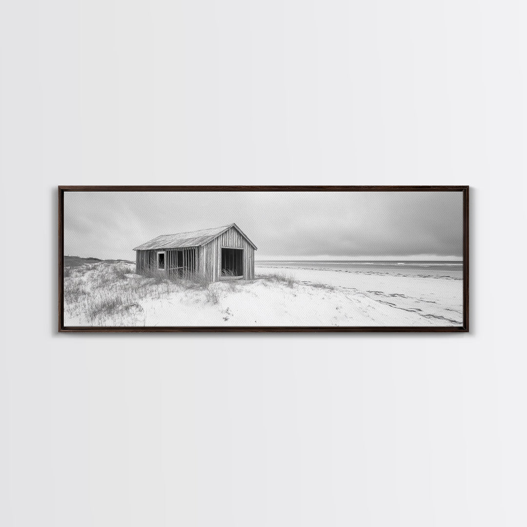 Abandoned Shack, Coastal Ruin, Weathered Barn, Ocean Horizon, Framed Canvas Print, Rustic Wall Art, Fall Decor, Minimal Seaside Aesthetic