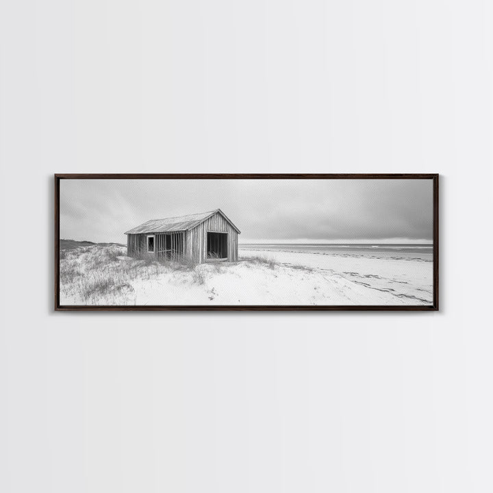 Abandoned Shack, Coastal Ruin, Weathered Barn, Ocean Horizon, Framed Canvas Print, Rustic Wall Art, Fall Decor, Minimal Seaside Aesthetic