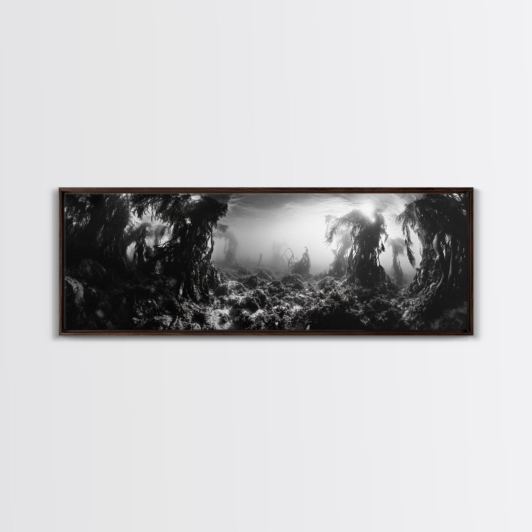 Kelp Forest, Underwater Magic, Ocean Depths, Framed Canvas Print, Marine nature photography, Bathroom wall decor, Moody coastal aesthetic