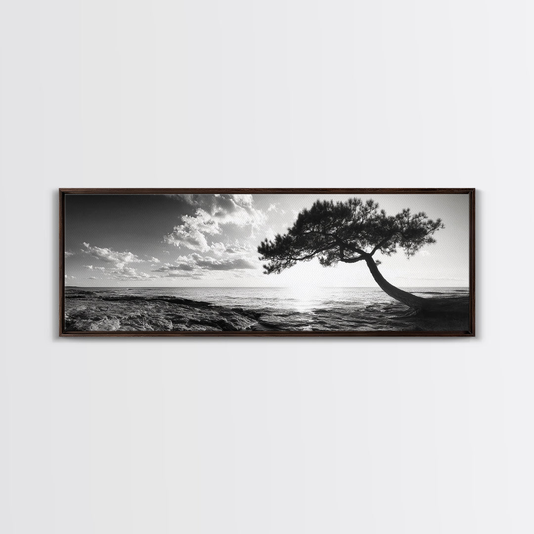 Lone Tree, Coastal Sunset, Ocean Horizon, Framed Canvas Print, Tranquil Landscape Art, Meditation Room Wall Art, Nature Zen Decor