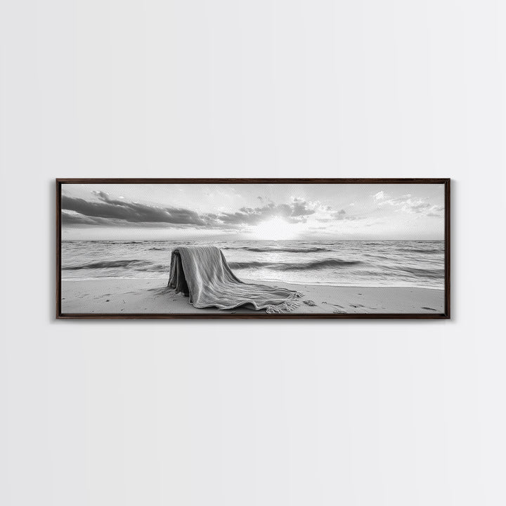 Blanket Beach, Woven Texture, Ocean Sunset, Tranquil Shore, Framed Canvas Print, Boho Wall Art, Bedroom Decor, Soft Coastal Photography Style