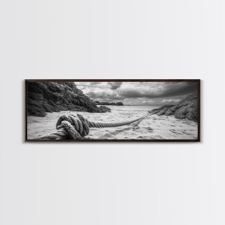 Nautical Rope Shore, Moody Ocean Rocks, Coastal Minimalist, Framed Canvas Print, Entryway Wall Art, Rustic Nautical Decor, Lakehouse Wall Art