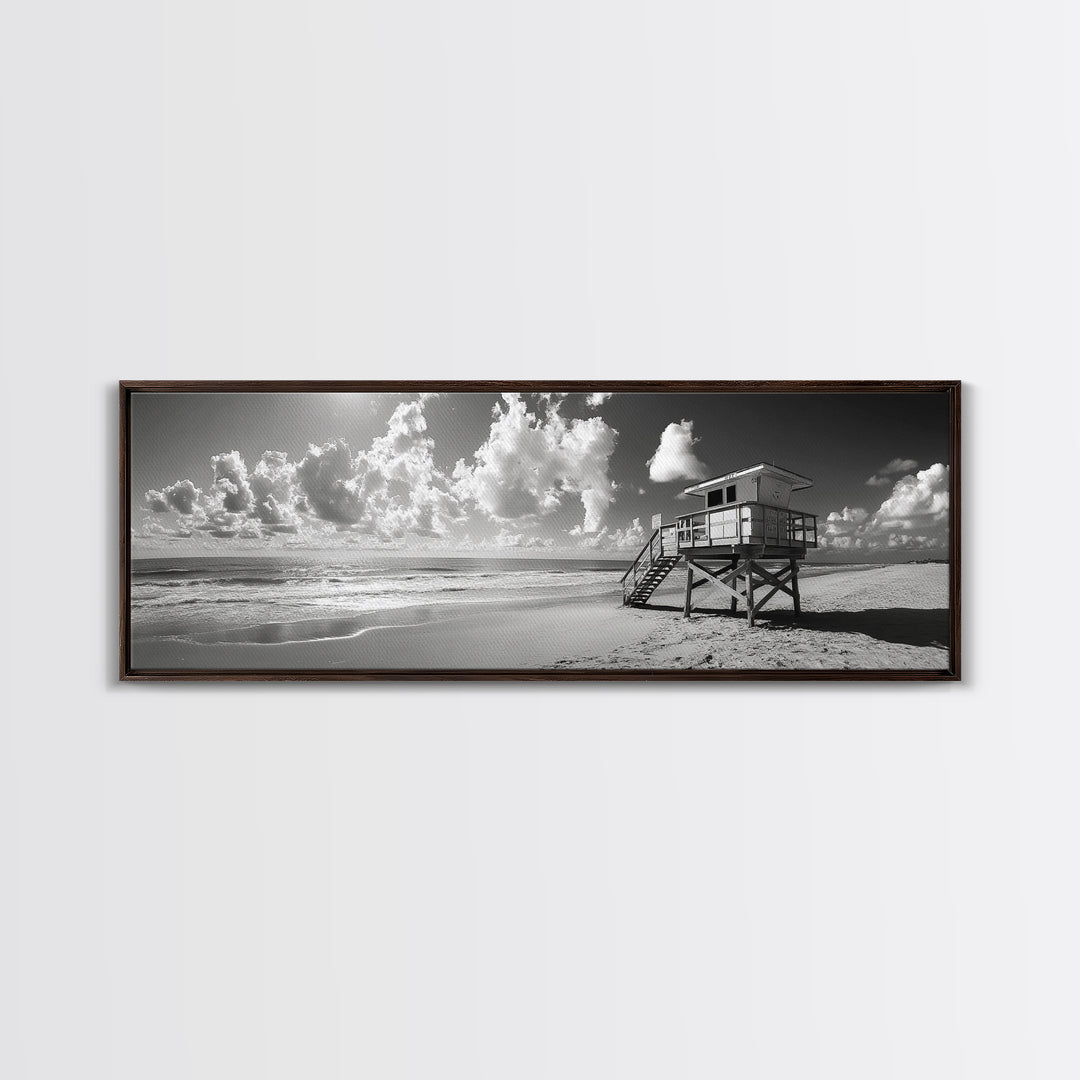 Lifeguard Tower Sky, Beach Scene Clouds, Surfside Minimalism, Framed Canvas Print, Bathroom Wall Art, Modern Coastal Decor