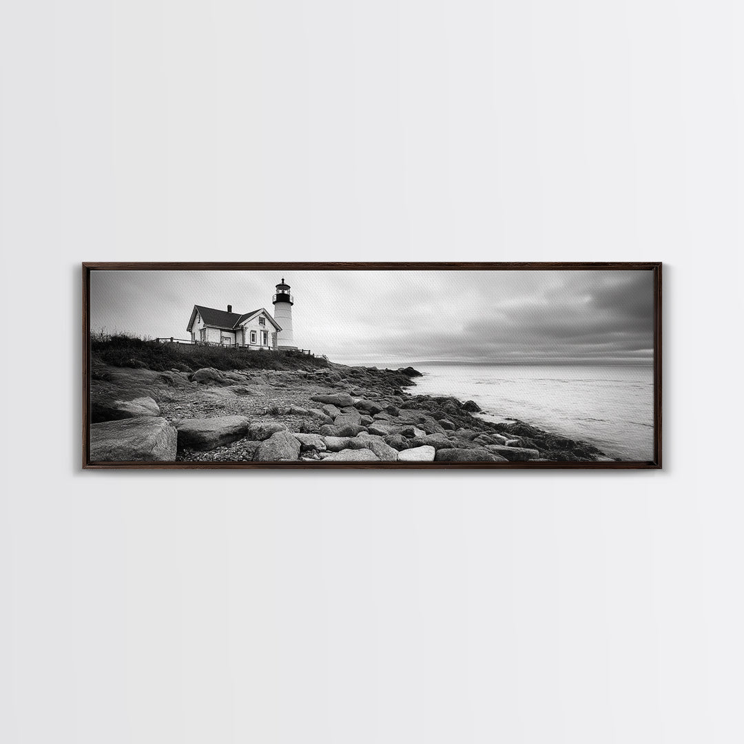 Classic Lighthouse Shore, Rocky Coastline Fog, Seaside Charm, Framed Canvas Print, Office Wall Art, New England Coastal Decor