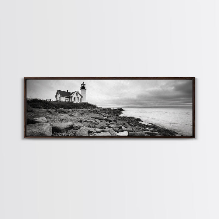 Classic Lighthouse Shore, Rocky Coastline Fog, Seaside Charm, Framed Canvas Print, Office Wall Art, New England Coastal Decor
