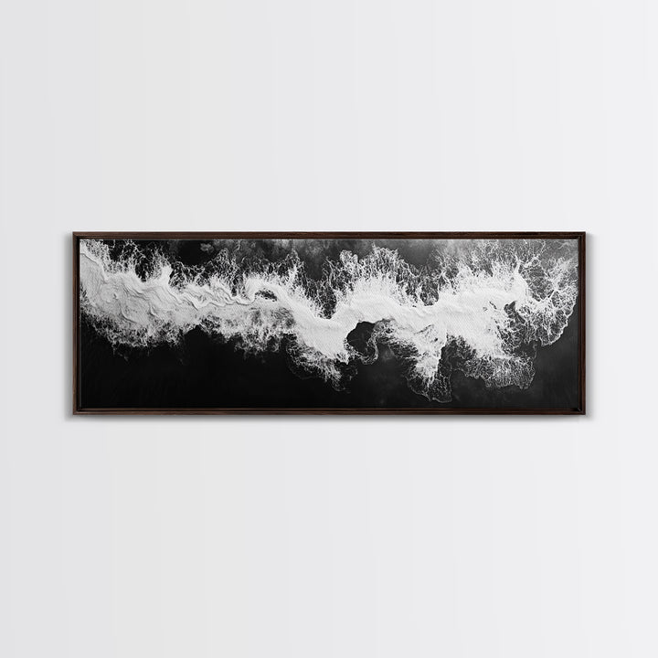 Ocean Wave, Aerial Surf, Coastal Abstract, Monochrome Motion, Framed Canvas Print, Modern Bathroom Art, Minimalist Art, Black and White Decor