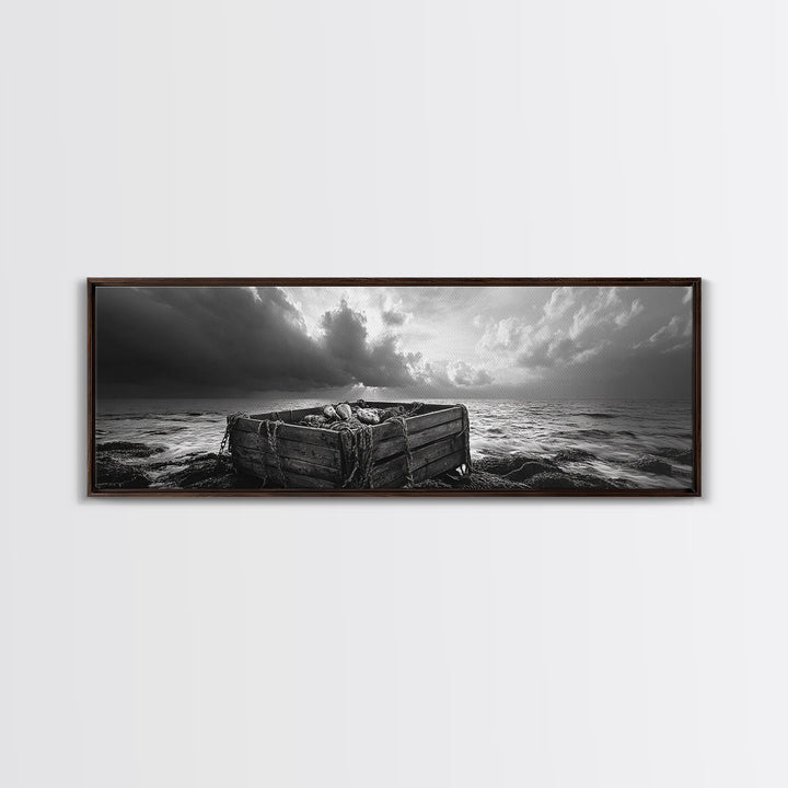 Ocean Harvest, Driftwood Crate, Coastal Mood, Framed Canvas Print, Nautical Wall Decor, Rustic Bathroom Art, Moody Coastal Artwork